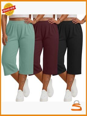3 Pack Plus Size Capri Sweatpants Loose Fit Wide Leg Yoga Pants with Pockets